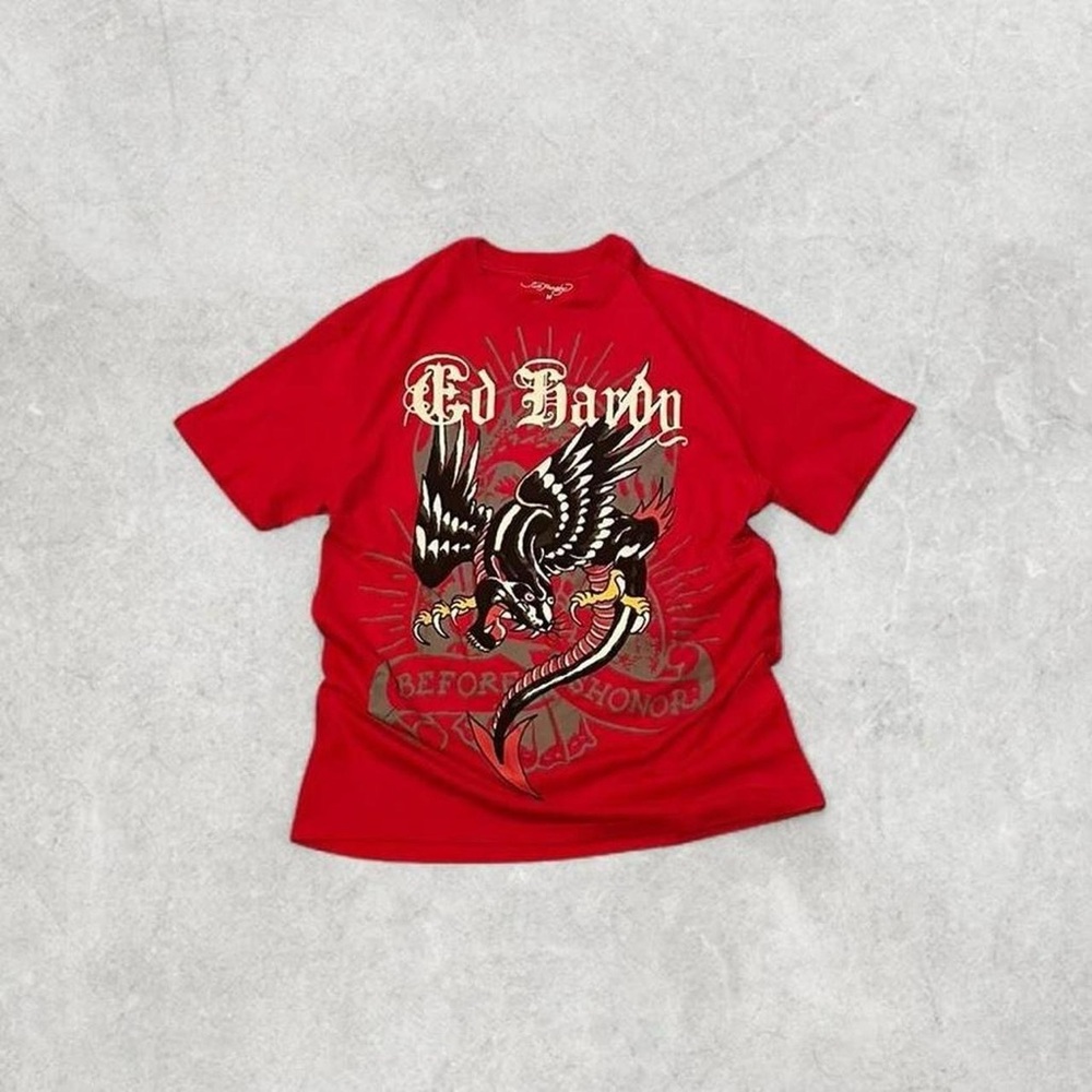 Ed Hardy Red Tee with Black & White Eagle Graphic